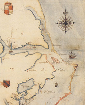 Map by John White. Virginea Pars. 1585.