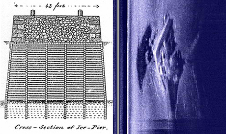 This drawing (above left) shows the basic construction of an ice pier. A wooden crib is filled with stone and faced with cut rock.  The side scan image (above  right) shows  a sonar image of a diamond shaped ice pier that was destroyed in 1927.  Divers located its remains and confirmed the presence of timbers and stone.