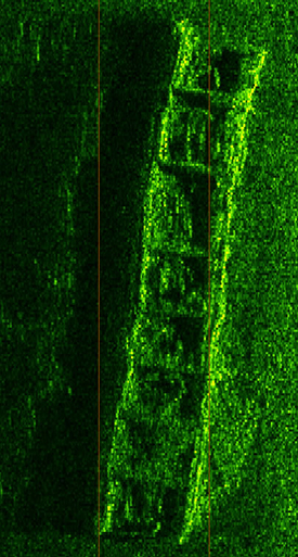 Sidescan sonar image of large Cleveland barge.