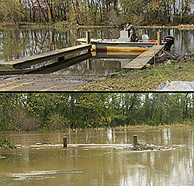Boat dock at normal and flood levels.