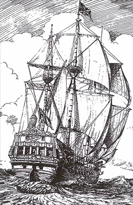 Artists rendering of the warship Hazardous under sail. Drawn in 1990.