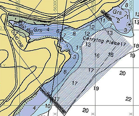 Chart of Long Carrying Place showing planned marine remote sensing survey lines spaced 15 meters (49 feet) apart.