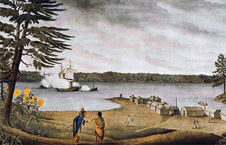 Fort Galet at the present site of Ogdensburg, NY, depicting the capture of a French warship in 1760.