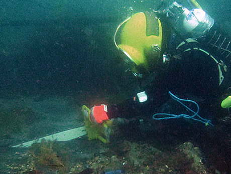 A diver using a chainsaw.