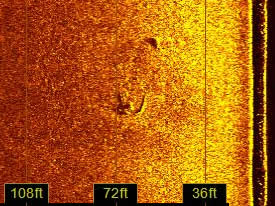 Sidescan sonar image of buried wooden tug (Sidescan by David VanZandt / CLUE).