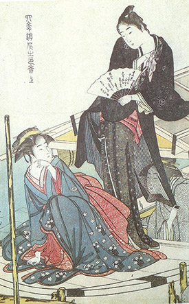 Print of three women on a boat by Utamaro.