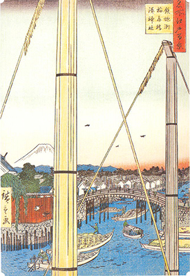 The Minato-Jinja Shrine and Inaribashi Bridge at Teppozu, from Hiroshige's 100 views of Edo.