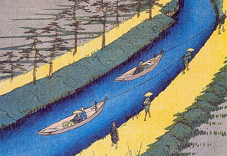 Tow-boats on the Yotsugi-dori Canal by Ando Hiroshige.