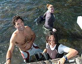 The red team enters the water for an introductory snorkle.