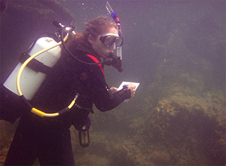 A diver records details on her slate.