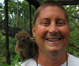 Kelly Bumpass and a Bamboo Lemur.