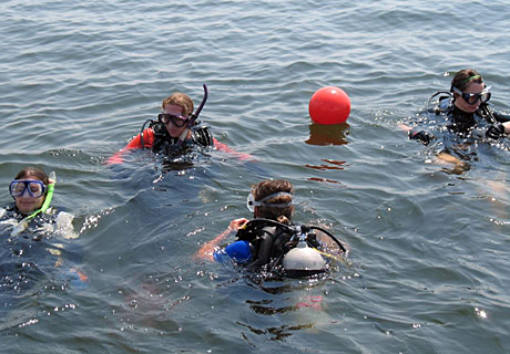 Divers descending on baseline buoy.